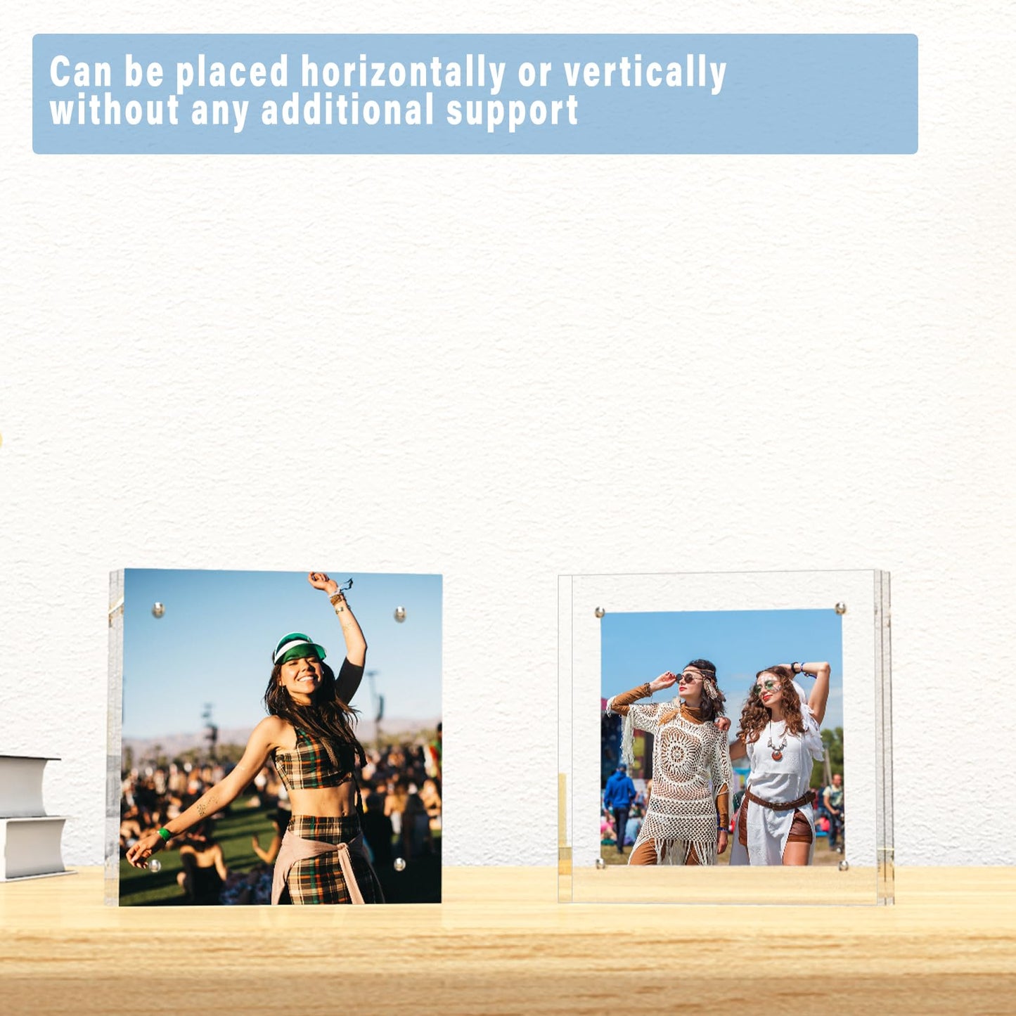 HELPLEX 2 Pack 8x8 Acrylic Picture Frames, 24mm Thicker Square Frameless Clear Frame Double Sided Magnetic Frame, Free Standing Desktop Display Stand Acrylic Frames