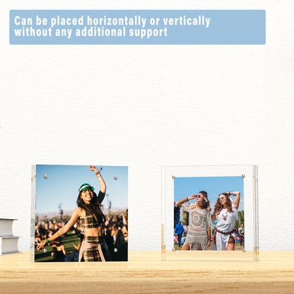HELPLEX 2 Pack 8x8 Acrylic Picture Frames, 24mm Thicker Square Frameless Clear Frame Double Sided Magnetic Frame, Free Standing Desktop Display Stand Acrylic Frames