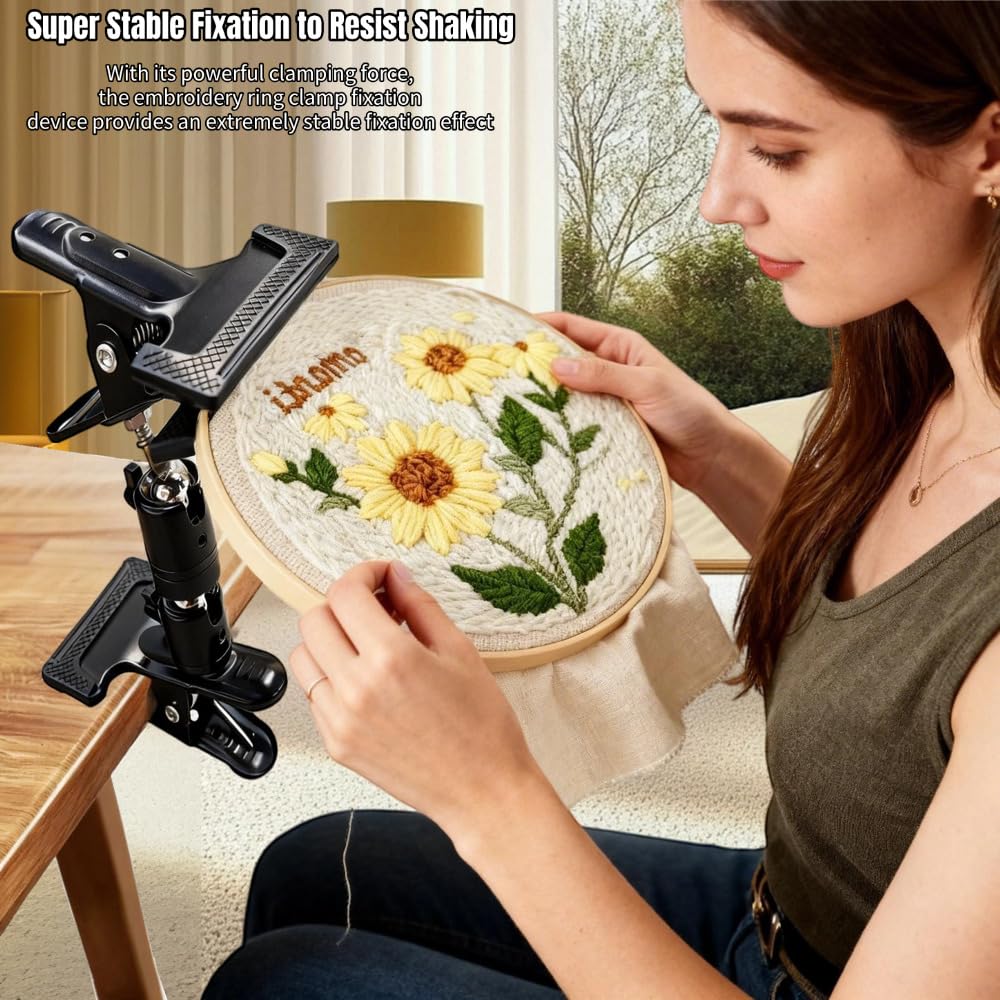 Embroidery Hoop Stand Holder - 360° Rotatable Adjustable Metal Table Clamp for Cross Stitchers,Hands-Free Sewing Needlework Stand,Fits 6–12 Inch Hoops,Portable Embroidery Stand with Protective Pads
