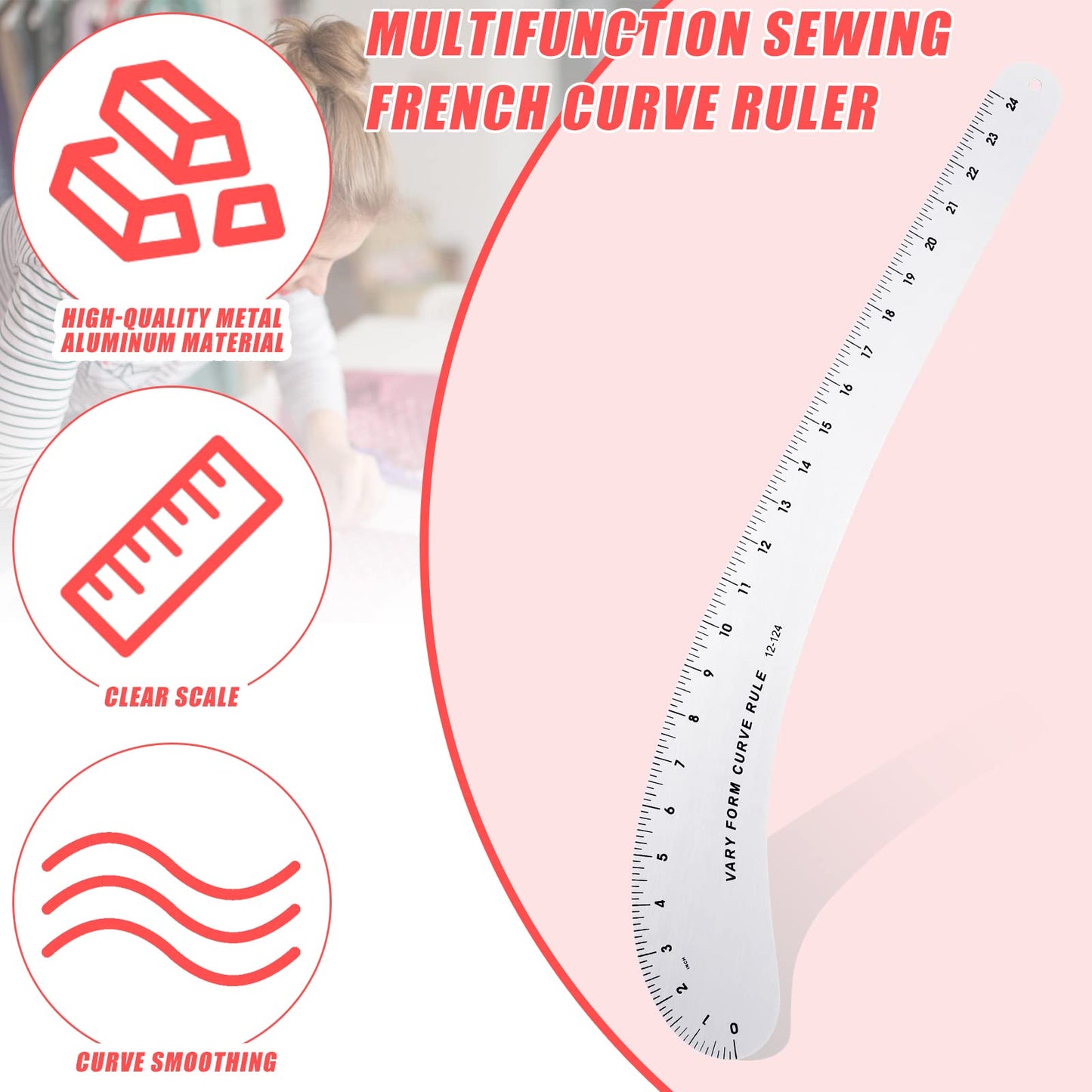 Xuhal French Curve Square Ruler Solid Aluminum Vary Form French Curve Hip Measuring Ruler for Making Crafts Sewing Design Supplies(Curve)