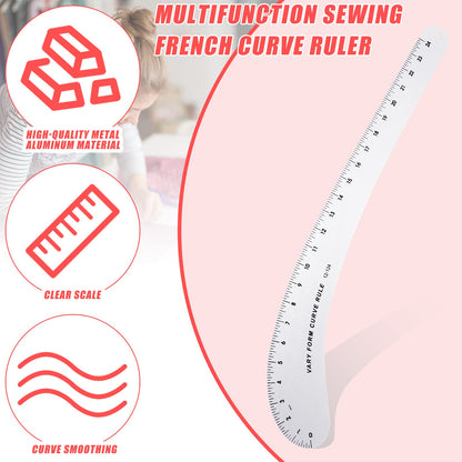 Xuhal French Curve Square Ruler Solid Aluminum Vary Form French Curve Hip Measuring Ruler for Making Crafts Sewing Design Supplies(Curve)