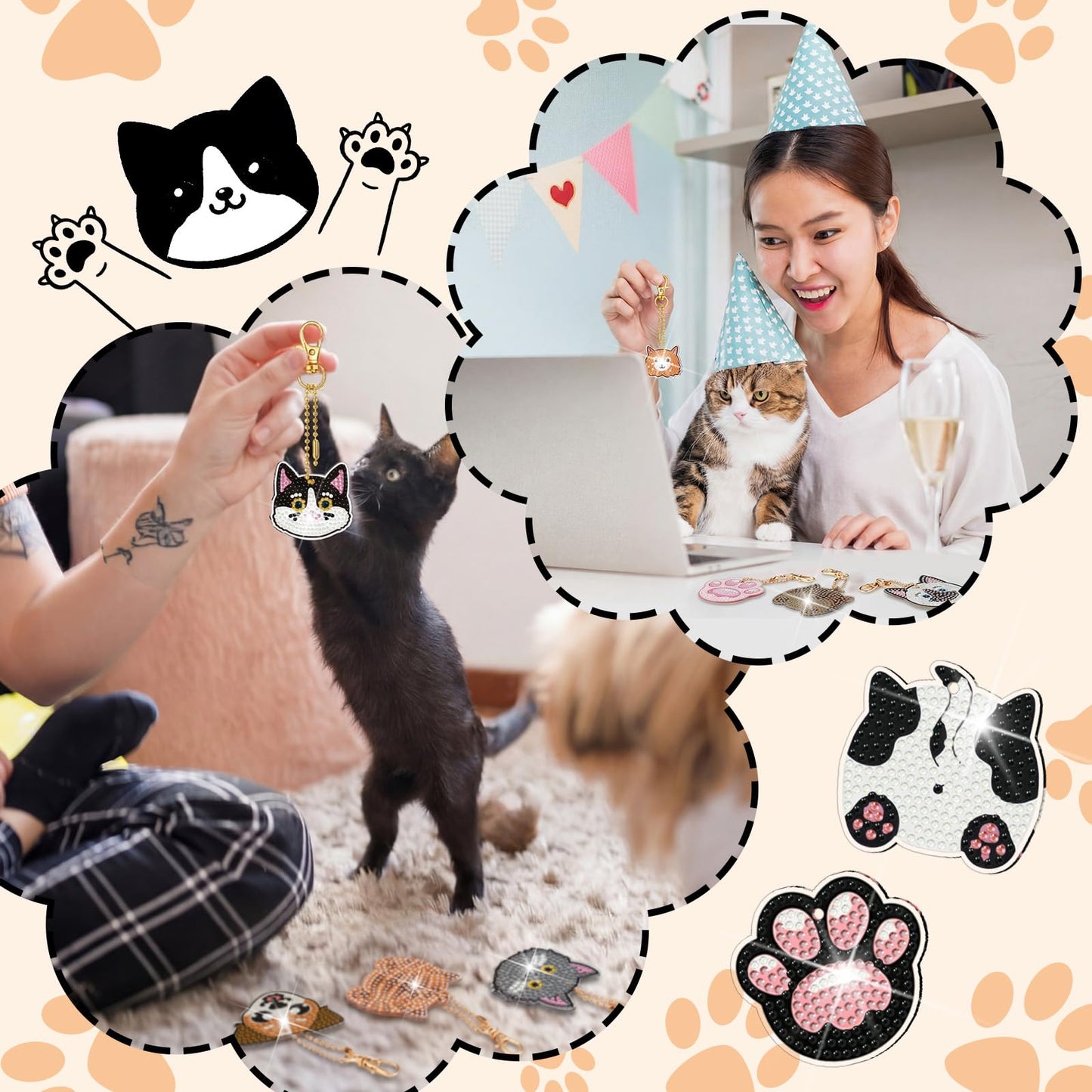 Huquary 60 Pcs Cat Dog Diamond Painting Keychain Animal Diamond Painting Keychain Kits for Aldults Double Sided 5d Rhinestones Hanging Key Chains Ornaments for Beginners DIY Crafts Party