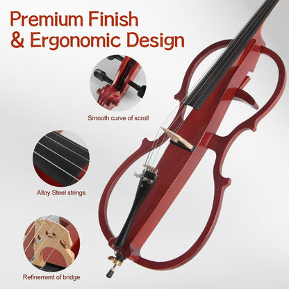 Ceciliec Electric Cello, 4/4 Full Size Silent Cello with Headphone Jack & Carry Bag, Professional Cello for Beginners/Adults