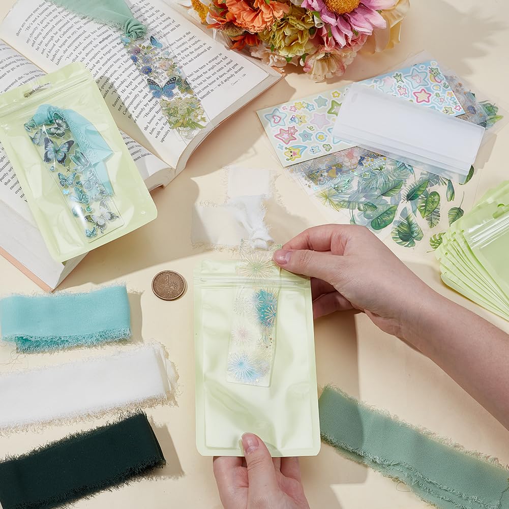 BEAMARKER Bookmark Making Kit 12Pcs Clear Acrylic Bookmark Blanks with 19 Sheets Flower Butterfly Star Theme Stickers 4m Green White Ribbon and 12 Gift Bags for DIY Crafts Green Theme
