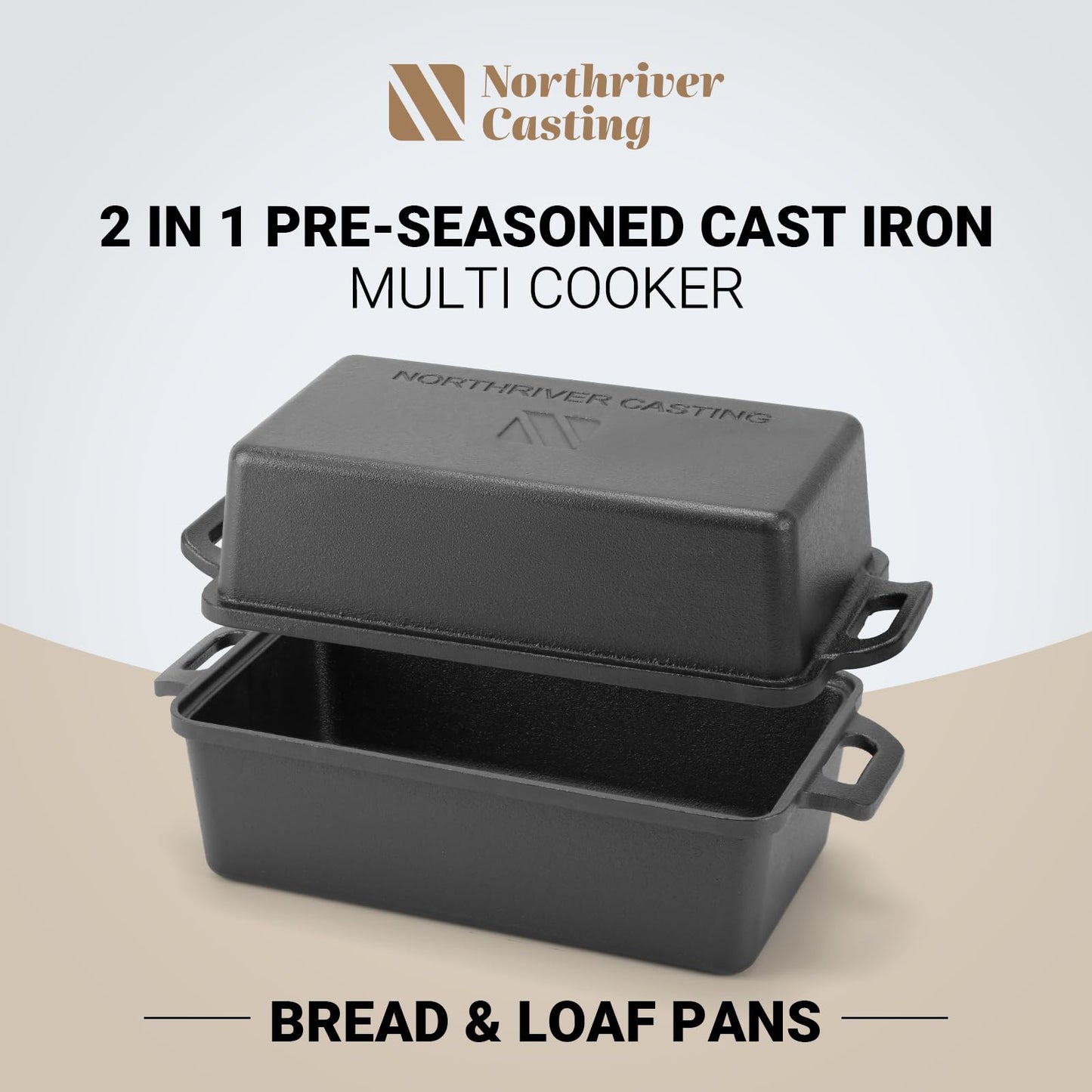 Northriver Casting 9×5 Inch Cast Iron Loaf Pan with Lid | Bread Baking Pan | Even Heat Distribution for Homemade Bread, Cake, and Meatloaf | 2 Piece Set