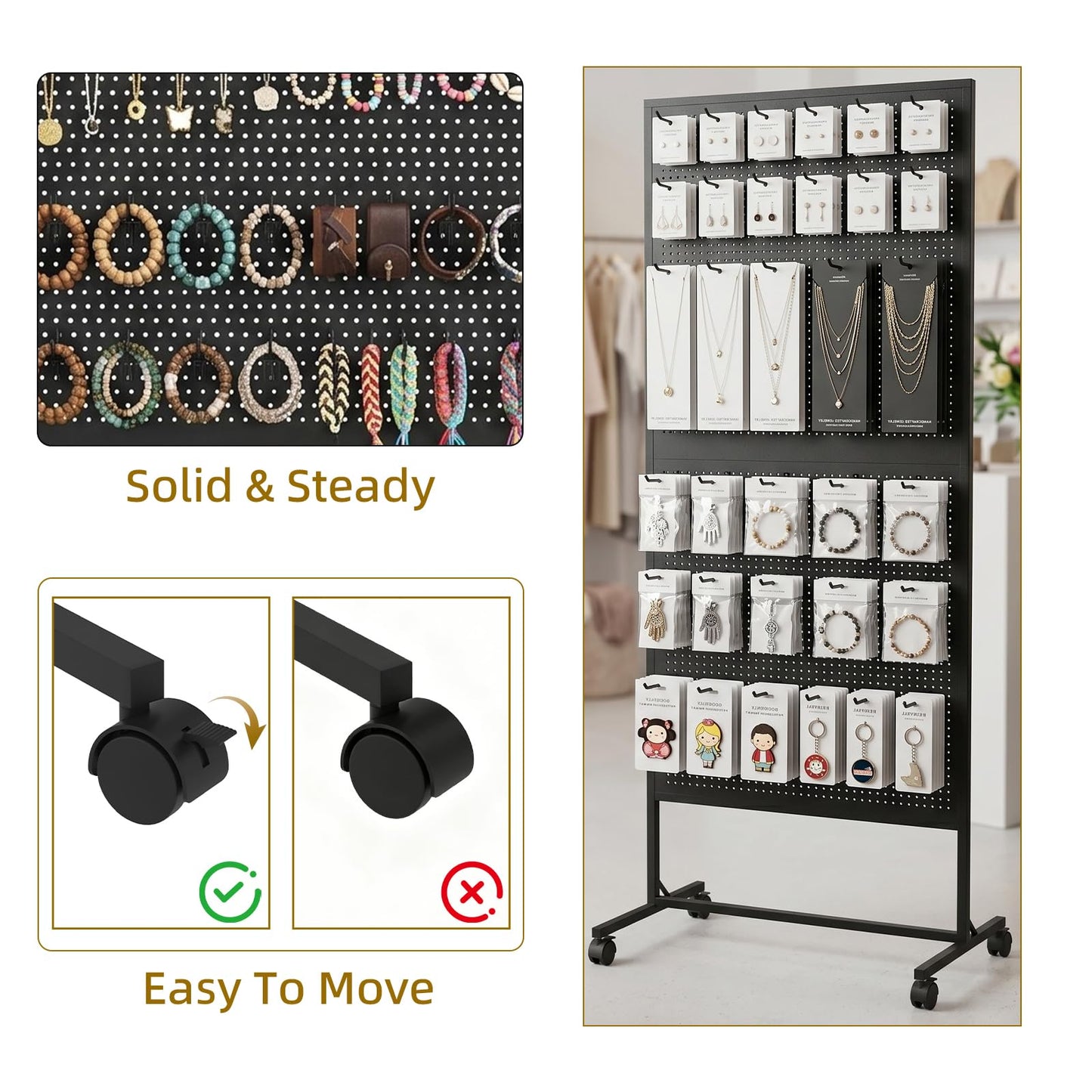 Arbuxzuy 2 x 5.5 Feet Pegboard Display Stand with 10 Hooks, Peg Board Stand with Wheels, Standing Pegboard Display, Metal Freestanding Pegboard Craft Shows Vendors Retail Jewelry Organizer (Black)