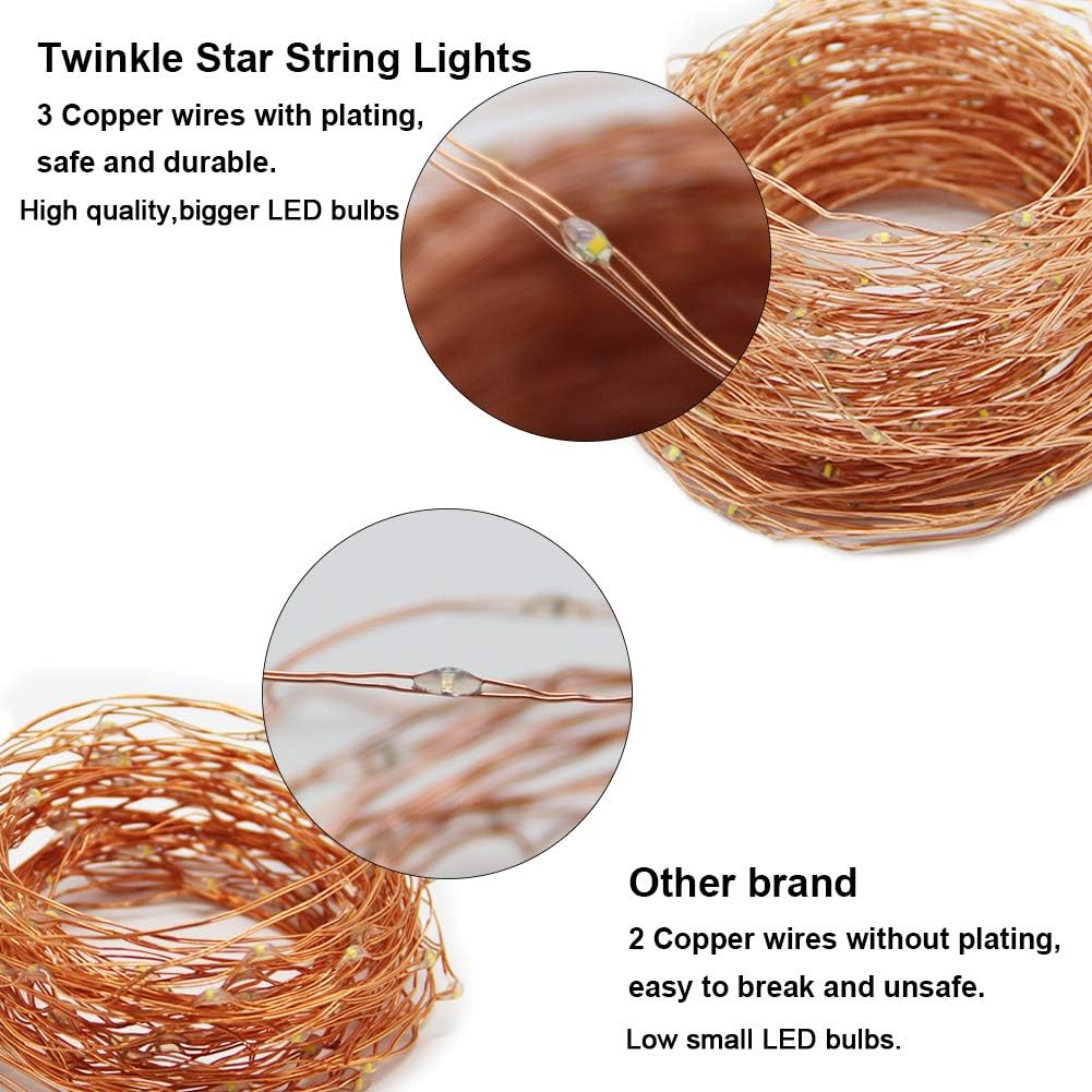 200 66 8 Twinkle Star LED FT Copper Fairy String Lights Modes LED, USB Powered with Remote Control for Christmas Tree