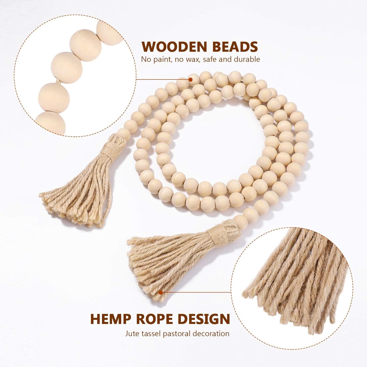 Garneck 63in Rustic Country Wood Bead Tassel, Farmhouse Wall Hanging Prayer Beads for Home Christmas Decoration