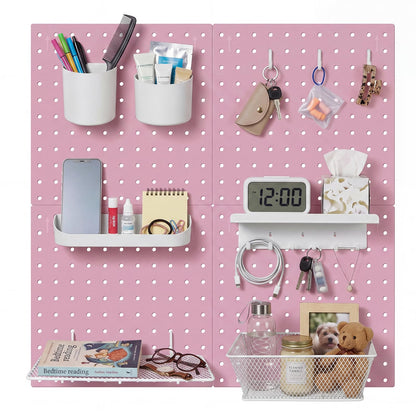 Pegboard Wall Organizer, 4 x11” x 11” ABS Peg Board Wall Organizer with Hooks, Shelves & Baskets, Drill or Adhesive Mount, 110 lbs Heavy Duty Wall Storage for Kitchen, Garage, Bathroom, Office (Pink)