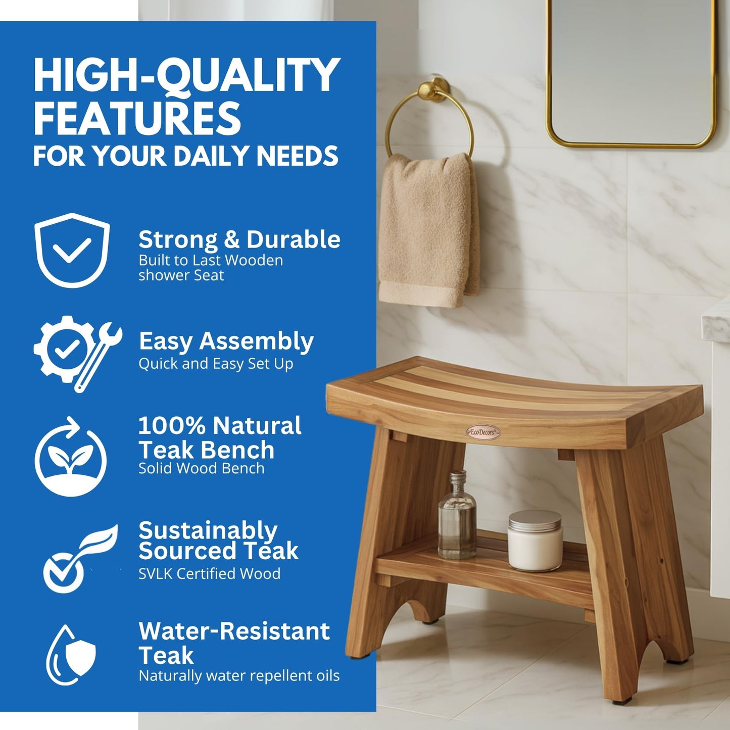 EcoDecors 24 Inch Serenity Teak Shower Bench – Waterproof Bathroom Seat with Large Storage Shelf For Adults & Seniors | Spa-Style Teak Wood Stool with Non-Slip Feet, Elegant Finish, 300 Pound Capacity