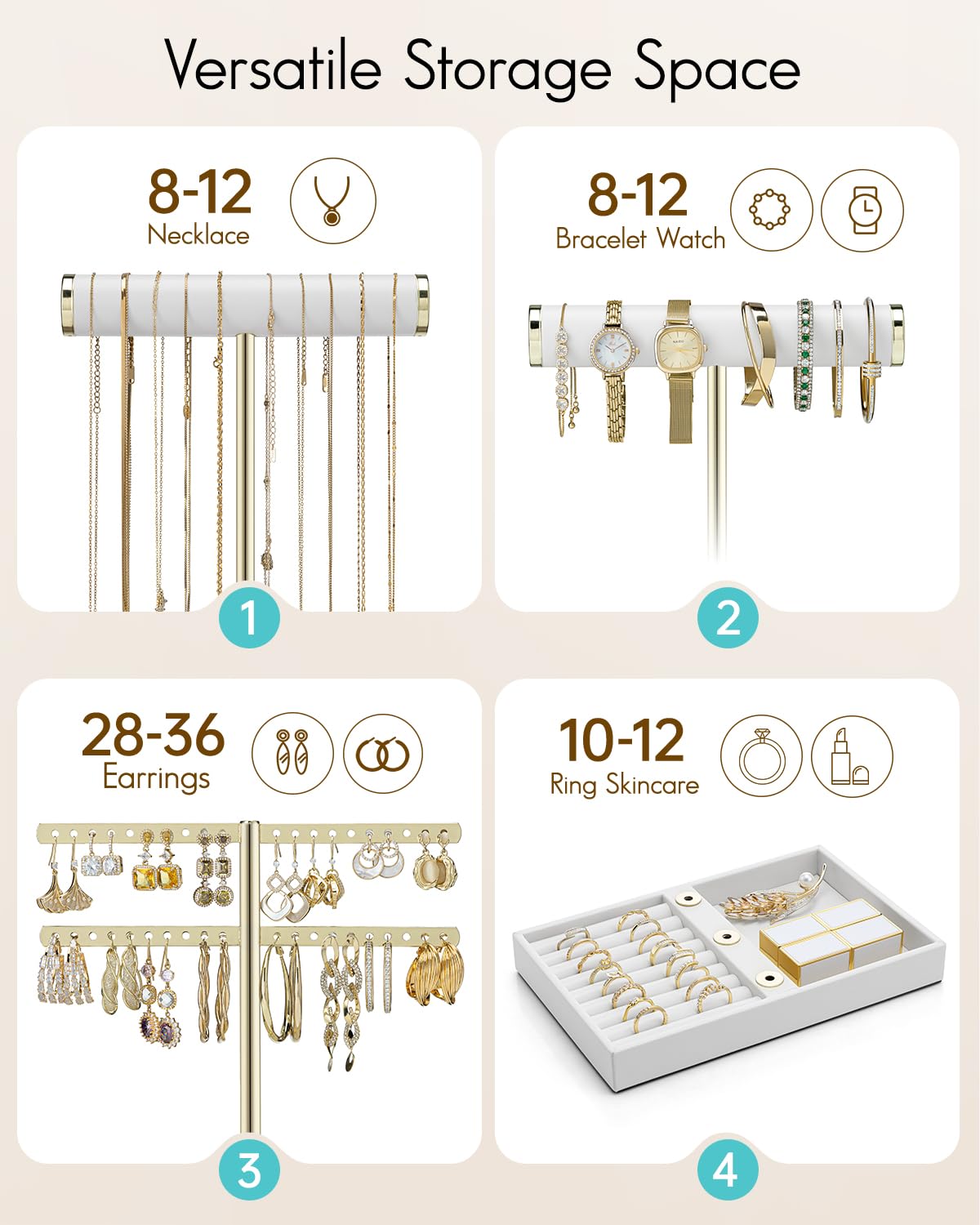 VLANDO 3 Tier Necklace Holder Organizer with Tray, Leather Bracelet Holder Display for Women, Gold Jewelry Stand for Bracelet, Necklace, Earrings, Rings - White