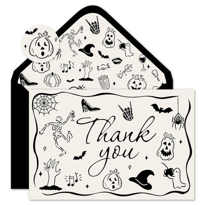 Whaline 24 Pack Halloween Thank You Cards Black Skeleton Pumpkin Ghost Thank You Greeting Note Card with Envelope Sticker for Birthday