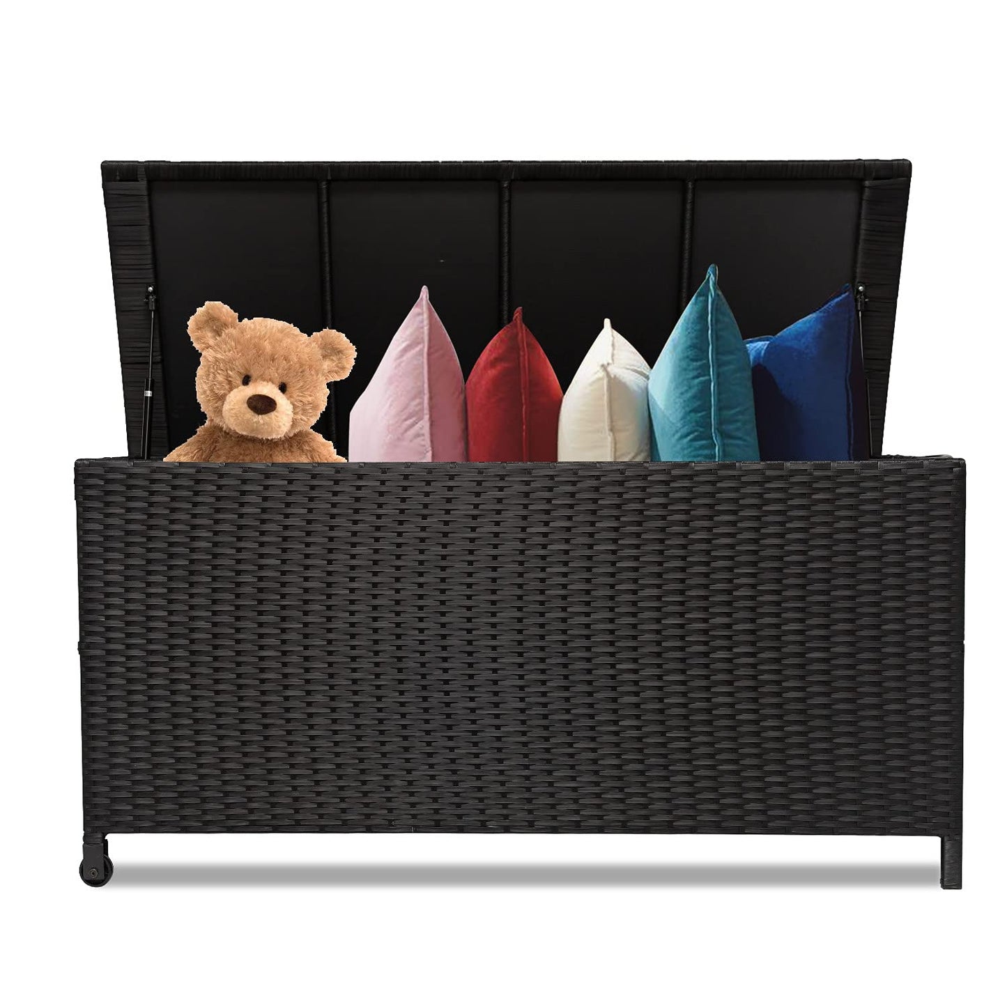 Outdoor Wicker Storage Box, Rattan Woven Bin Deck Box, Large Capacity Water-resistant Container for Patio Garden Tools, Pool Toys, Pillows, Cushions (Black)