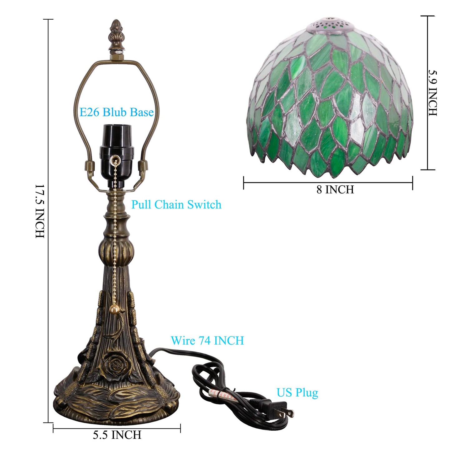 SYETL Small Tiffany Lamp Mini Stained Glass Desk Lamp Vintage Table Lamp Tiffany Style Night Light 8X17.5 Inch (Green Wisteria Leaves Style)