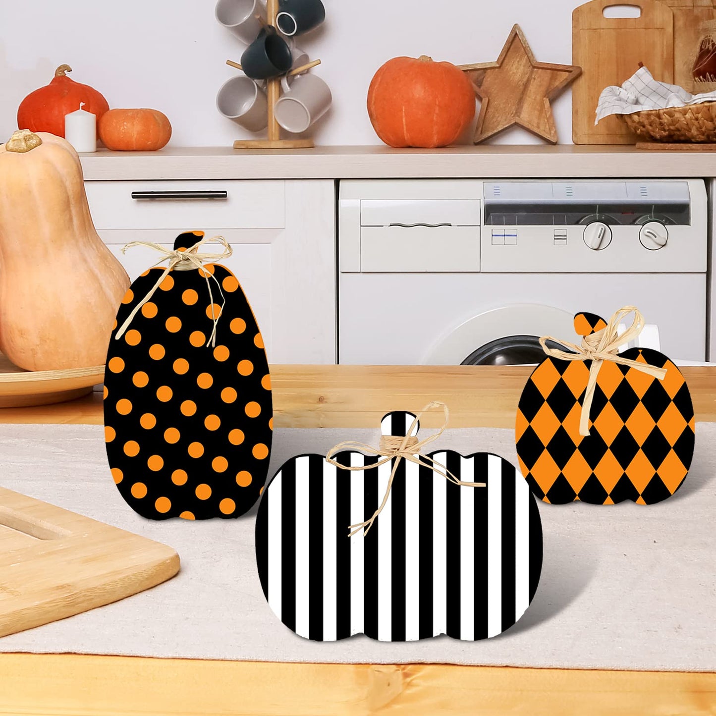 Whaline 3Pcs Unfinished Fall Pumpkin Wooden Cutout with Natural Raffia Pumpkin Shaped Tiered Tray Decor Pumpkin Wooden Table Sign for Autumn Thanksgiving Halloween Home Office Table Decor DIY Crafts