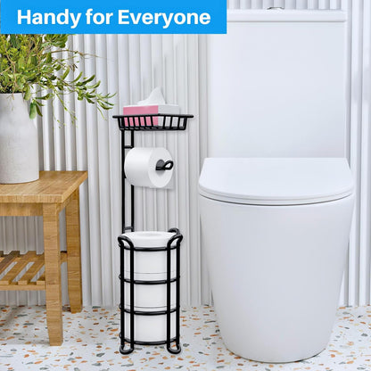 Skiennix Toilet Paper Holder Stand - Free Standing Tissue Roll Storage Rack with Shelf | Black Finish