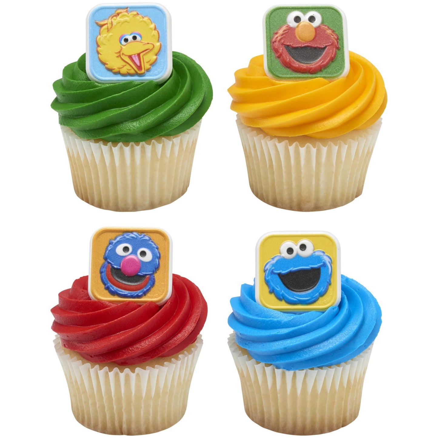 Sesame Street Rings, 24 Cupcake Toppers Featuring Elmo, Big Bird, Cookie Monster, Grover, Bright Colorful Cupcake Decorations, Food Safe - 24 Pack