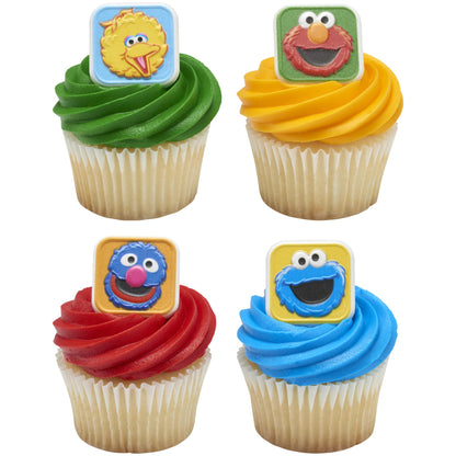 Sesame Street Rings, 24 Cupcake Toppers Featuring Elmo, Big Bird, Cookie Monster, Grover, Bright Colorful Cupcake Decorations, Food Safe - 24 Pack