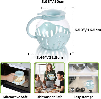 MMUGOOLER Glass Microwave Popcorn Popper, 2.25QT Original Popcorn Jar with Silicone Lid, Blue