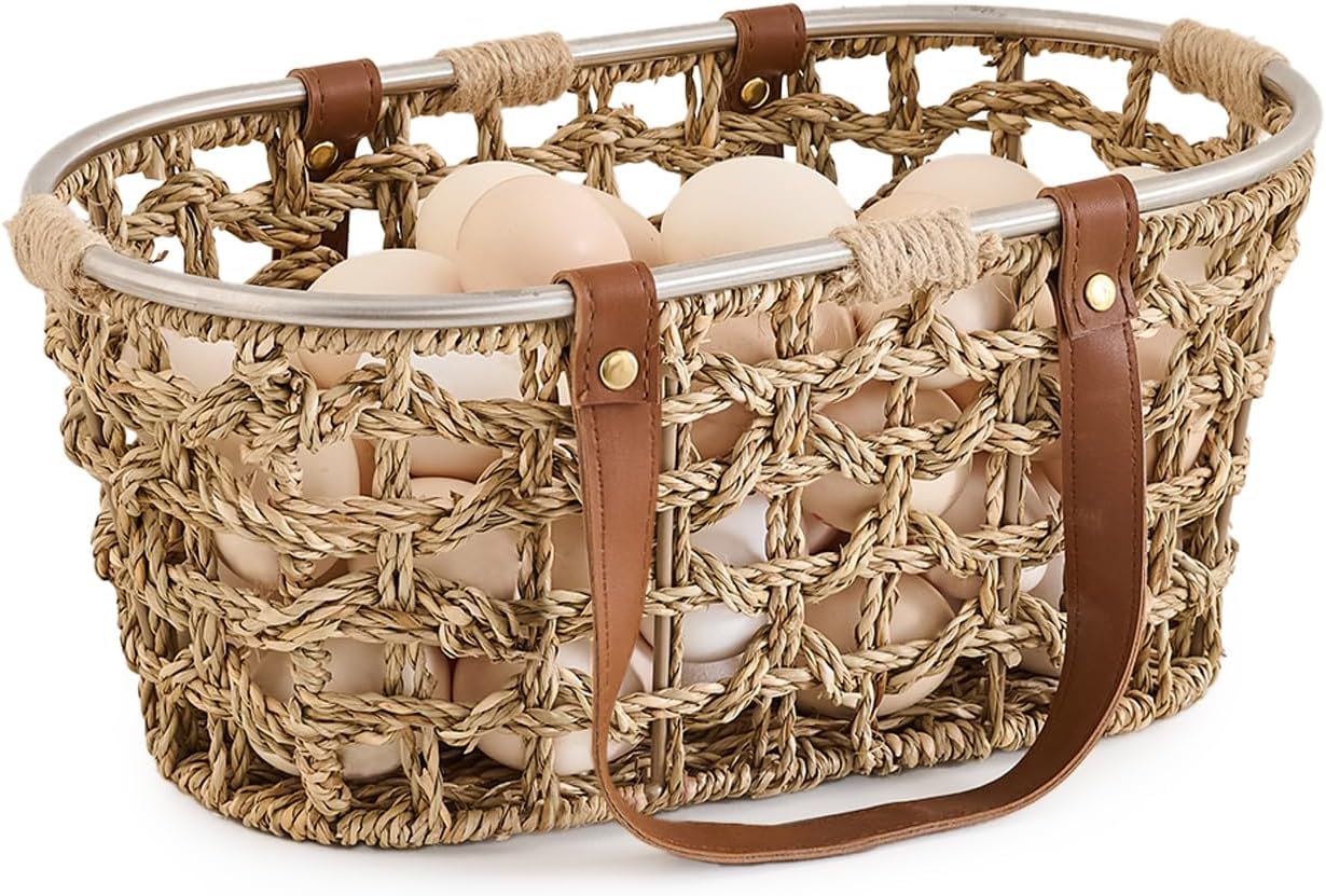 Farmhouse Seagrass Egg Baskets for Collecting Fresh Eggs Handmade Egg Collecting Basket Wicker Oval Storage Basket