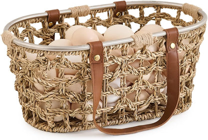 Farmhouse Seagrass Egg Baskets for Collecting Fresh Eggs Handmade Egg Collecting Basket Wicker Oval Storage Basket