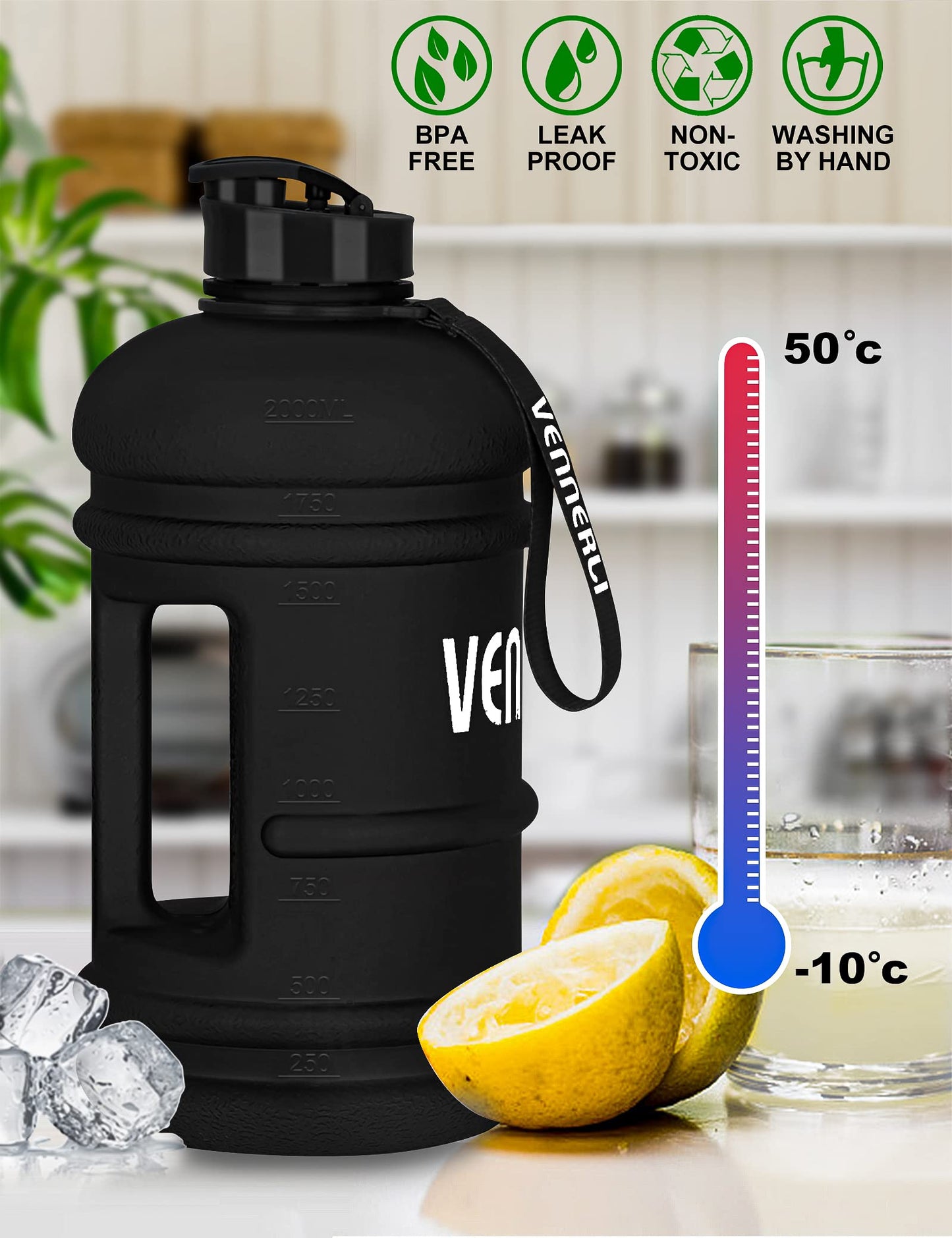 VENNERLI Half Gallon Water Bottle 2.2L Large Sports Water Bottle with Handle 74oz BPA-free Reusable Plastic Water Jugs Leakproof Hydro Bottle for Gym Yoga Travel Camping Cycling Outdoor Sports