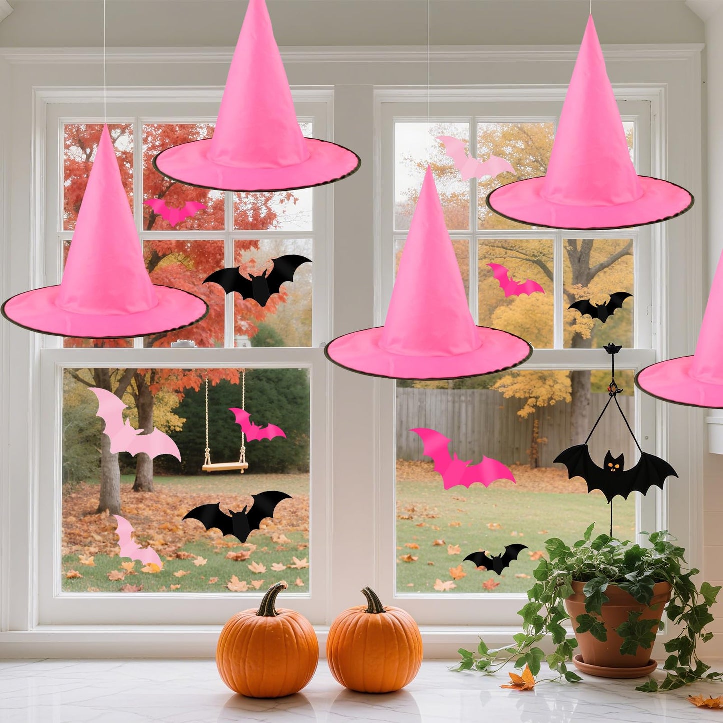 Cmaone 12 Pcs Pink Witch Hat with 109 Yards Hanging Rope 24 Pcs 3D Bat Stickers Black Pink Scary Halloween Hanging Decoration for Witch and Princess Theme Party