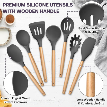 TeamFar Kitchen Utensils Set of 7, Silicone Cooking Tools with Wooden Handles for Baking, Mixing, Non-toxic
