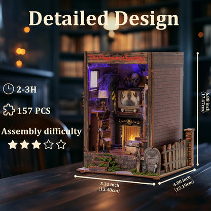 Book Nook Kit,DIY 3D Wooden Miniature Dollhouse Kit Gifts for Adults,The Phantom Chamber Haunted House Booknook with LED Light