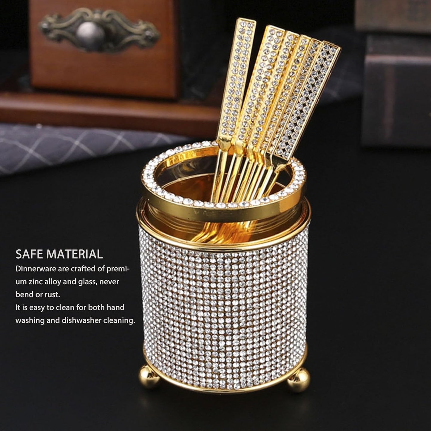 Coffee Spoons Set with Holder, Long Handle Dessert Spoons, Gold Glass Jar with 6 Metal Flatware Spoons