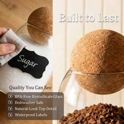 ComSaf 3 Pack 16oz Clear Decorative Glass Jars with Cork Ball Lid - Coffee Bar Kitchen Counter Bathroom Storage, Dishwasher Safe, Glass Canisters for Coffee Sugar Candy Storage - Home Decor & Gifting