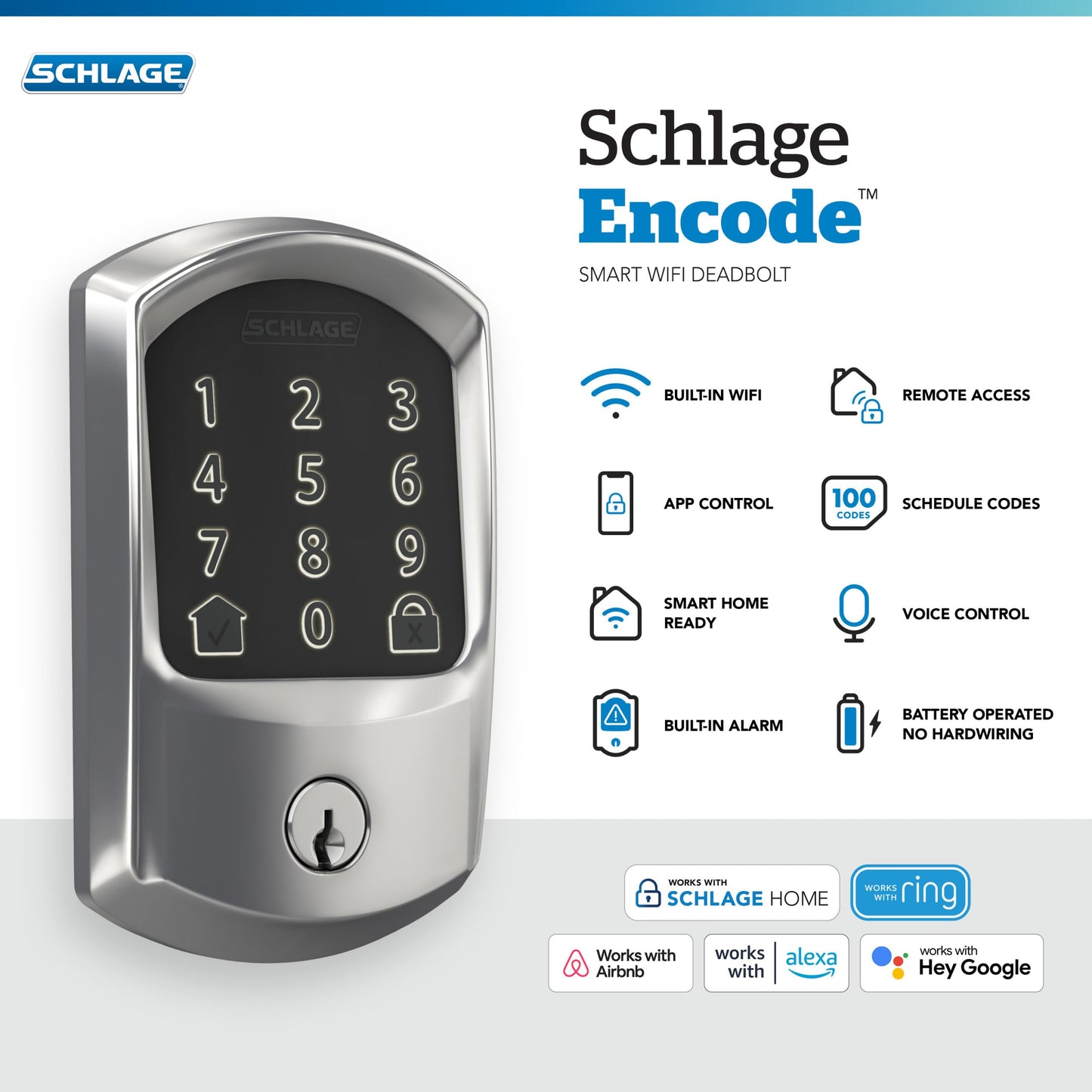 Schlage Encode Smart WiFi Deadbolt Lock for Front Door - Keyless Entry with App or Touchscreen - Works with Alexa, Hey Google, & Airbnb - Create Codes for Guests - Matte Black