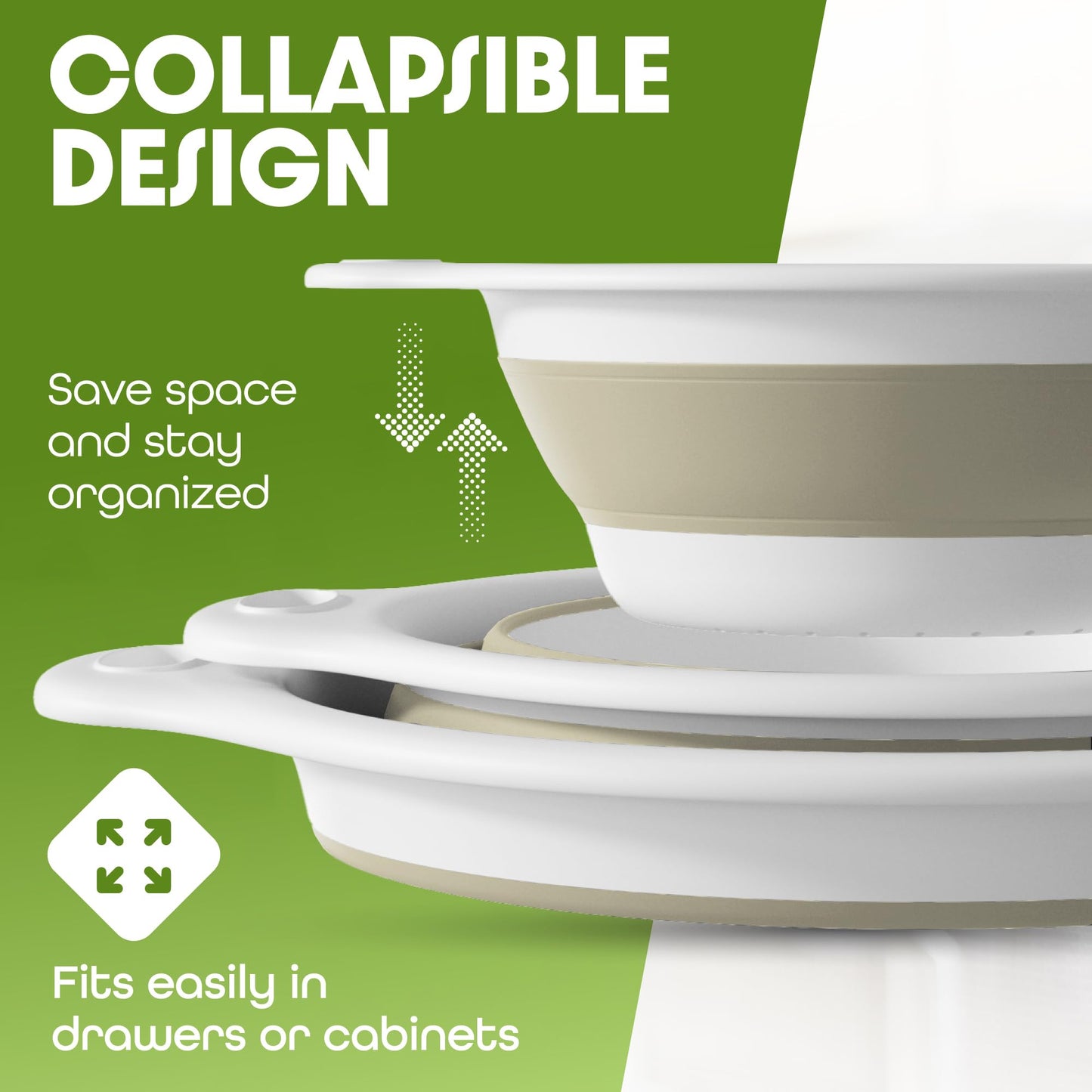 Collapsible Colander Strainer, Includes Over-sink Countertop Draining Base (5QT) Large Kitchen Drainer for Vegetables Fruit and Pasta, Round Foldable Draining Basket, Easy Storage (White)