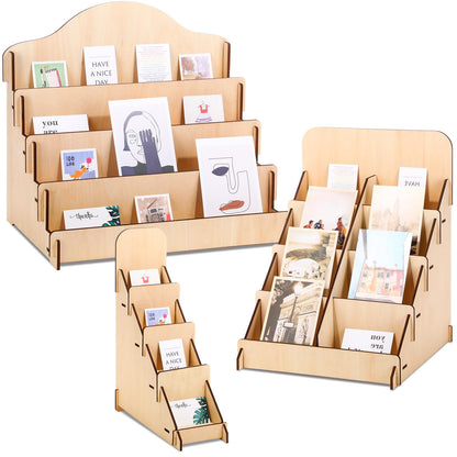 Wonderjune 3 Pcs 4 Tiered Greeting Card Display Stand Sticker Display Stand for Vendors Wooden Collector Card Rack Wood Holder for Postcard Photos Bookmark Trade Shows Retail Counter, 3 Sizes(Brown)