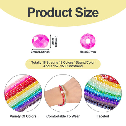 Beadthoven 2736pcs 3mm Faceted Round Glass Beads AB Color Crystal Glass Beads Strands Rainbow Briolette Rondelle Crystal Beads Spacers for Jewelry Making Bracelets Necklaces Earrings DIY Crafts