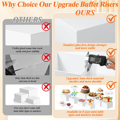 10 Pcs White Acrylic Buffet Risers with Mini Sign and Marker, Food Display Stands for Buffet Table Party Catering Dessert Jewelry Collectibles, Acrylic Cube Nesting Boxes with Hollow Bottoms 8 Sizes (10" 9" 8" 7" 6" 5" 4" 4" 3" 3")