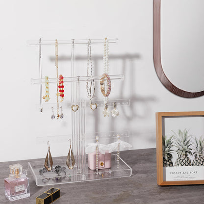 Acrylic Jewelry Organizer Stand with Tray, 4-Tier 14" Tall Tangle-Free Clear Jewelry Display Holder for Hanging Long Necklaces & Bracelets, 40 Earring Holes, Tower Tray Storage for Rings Watch Perfum