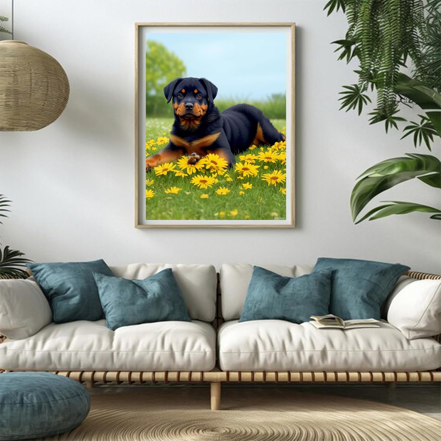 UIBDVKS Rottweiler Dog Diamond Painting Kits, Dogs in The Grass 5D Round Diamond Embroidery for Adults Interactive, for Wall Decor Bathroom Decor or Gift for Friends 12x16 Inch