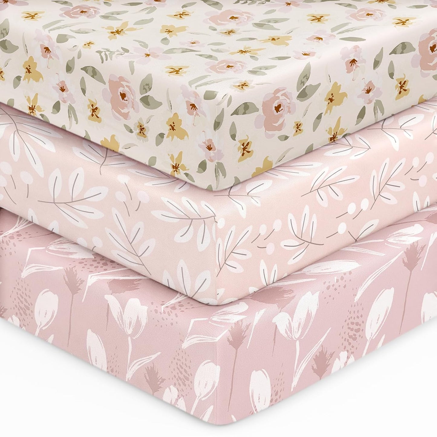 Unnivoll Baby Crib Sheets | Soft Microfiber Fitted Sheets for Standard Crib & Toddler Mattress - 3 Pack, Pink Flowers & Leaf, 28x52x8in