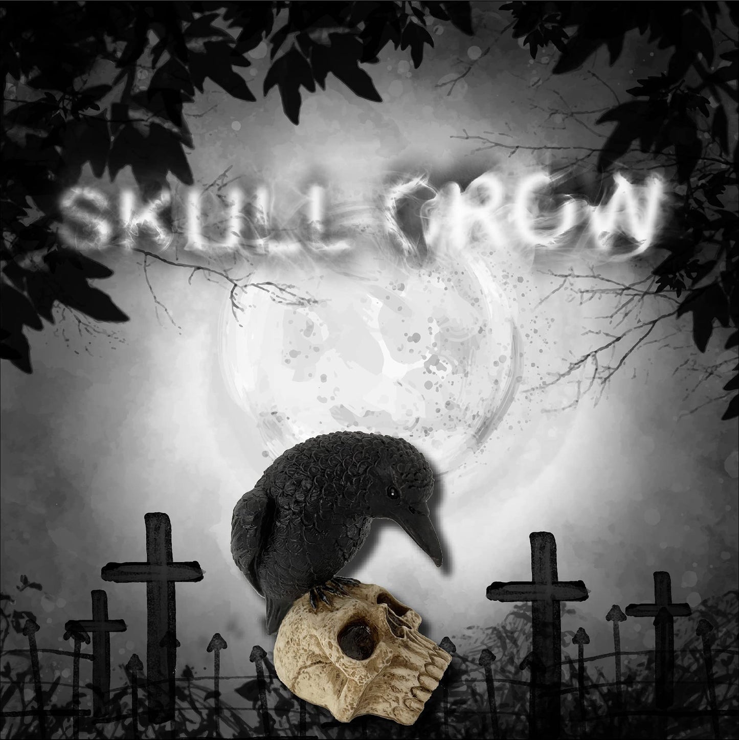 EraSpooky Sitting Crow on Skull Statue Halloween Decoration Gothic Bird Skeleton Figurine