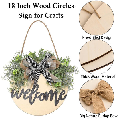 6 Pcs 18 Inch Wood Circles for Crafts Unfinished Round Wood Discs Blank Wooden Rounds Slices Round Wooden Door Hanger Signs with Bows, Twine and Glue Points for DIY Craft Holiday Decor,5 mm Thick