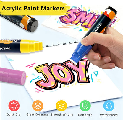 12 15MM Vibrant Colors Jumbo Acrylic Paint Markers, Graffiti Markers, Waterproof Jumbo Poster Markers for Canvas