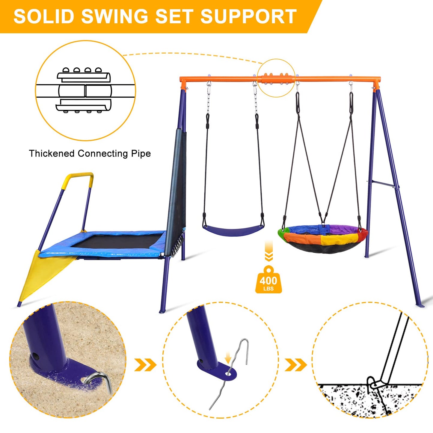 Lunafun Swing Sets for Backyard with Trampoline 440lbs with Heavy-Duty Metal A-Frame Outdoor Swing Set with 1 Saucer Swing Seat 1 Swings Seat & 1 Trampoline