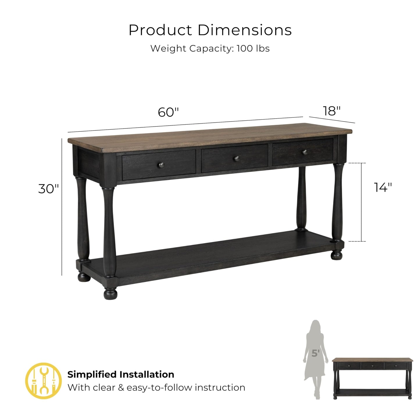 Furniture of America Narella Solid Wood 60-inch Sofa Table with 3 Drawers, Farmhouse Legs and Ball-Bearing Glide for Living Room, Weathered Black