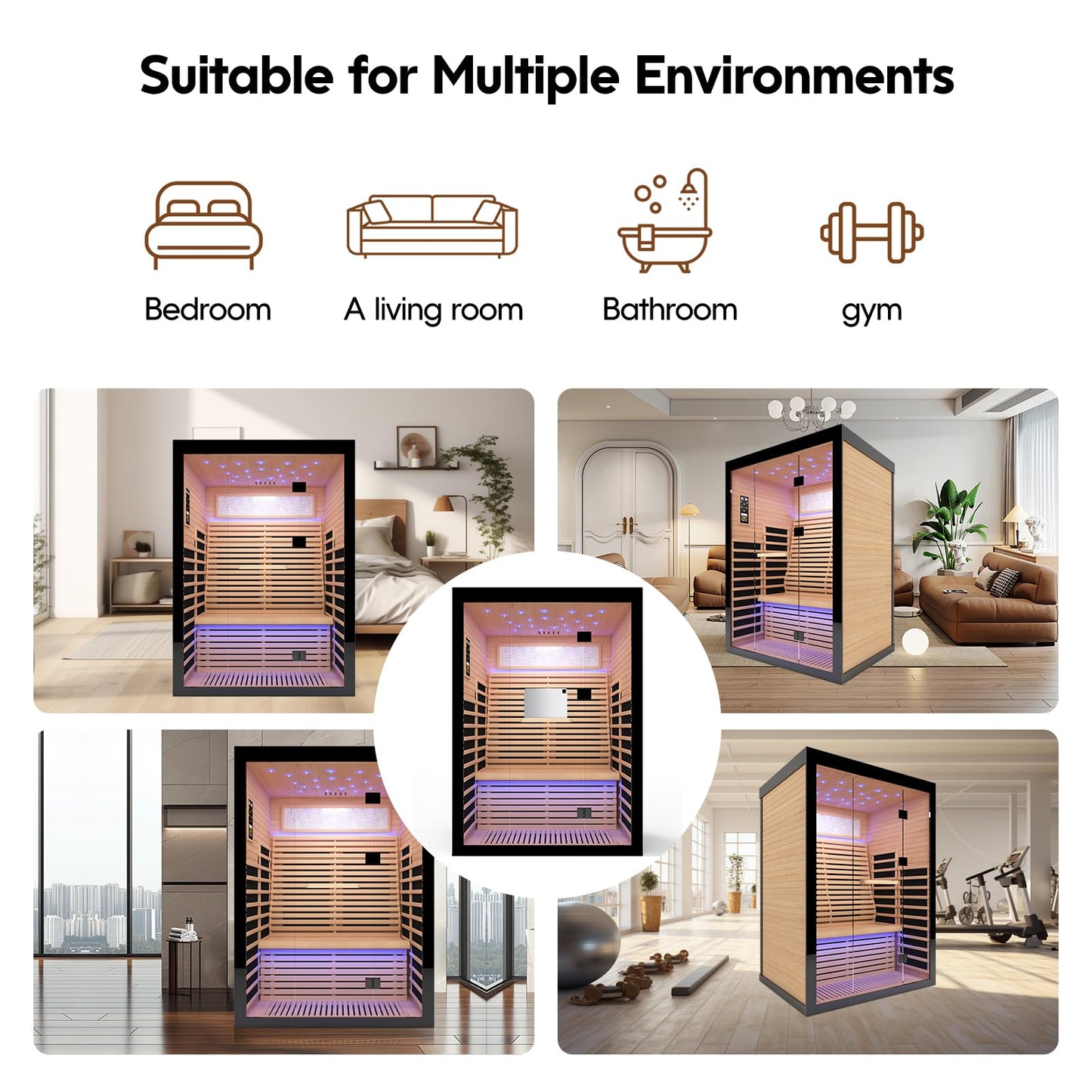 OUTEXER 2 Person Infrared Sauna Room Far Infrared Saunas Home Canadian Hemlock Indoor 2100W Low-EMF Dry Saunas with Oxygen Bar 7 Color Therapy 53.1 * 47.2 * 74.8inch