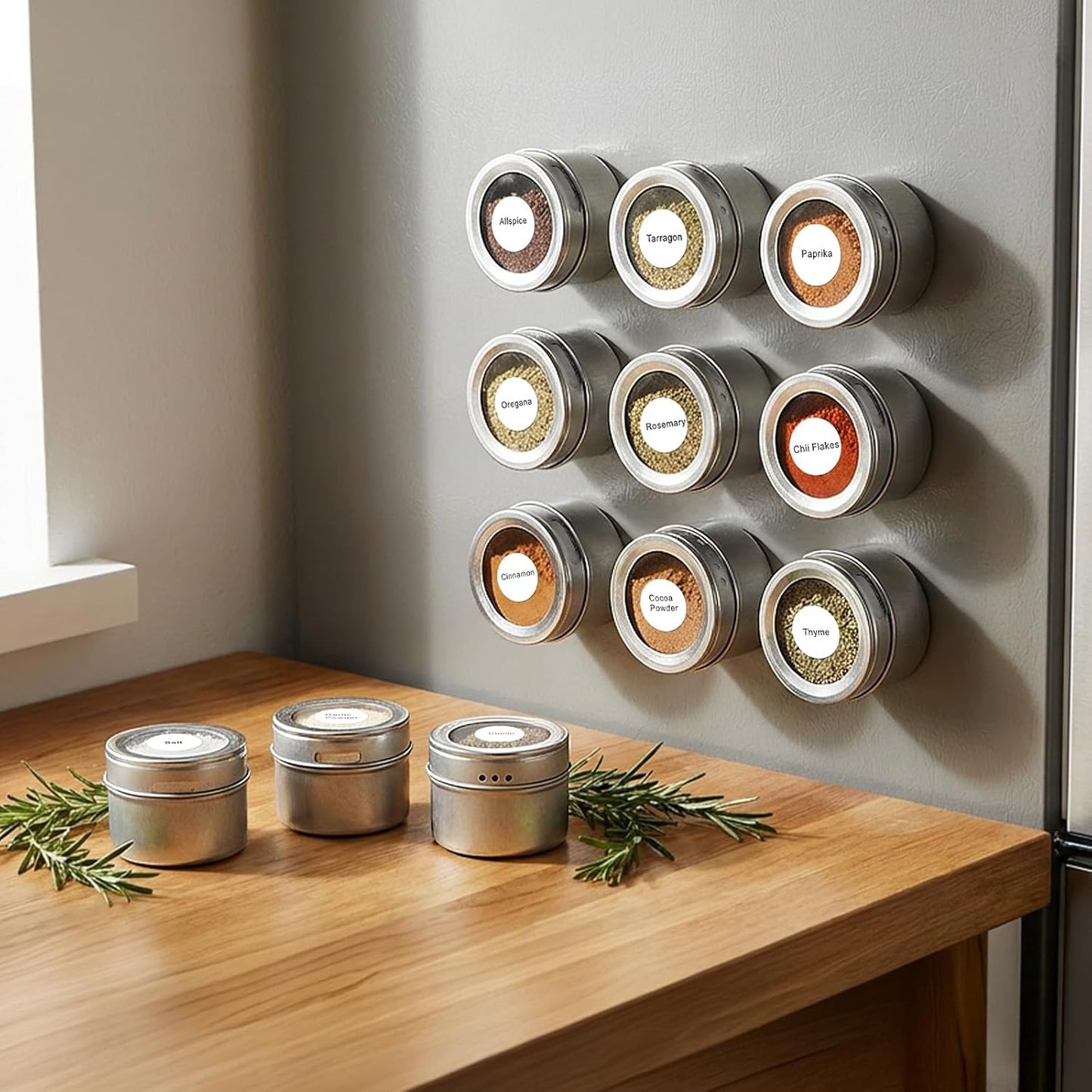 20 Pack 240 Set Bekith Magnetic Spice Jars, Magnetic Spice Containers for Refrigerator, Seasoning Tins with Clear Top