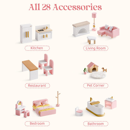 ROBUD Wooden Dollhouse Furniture Set, 28 Pcs Doll House Accessories, Miniature Furniture Including 6 Room Kits, Pretend Play Toys, Gift for Boys and Girls,3+
