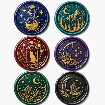 SWANGSA Wax Seal Stamp Set, Vintage 6 Pieces Moon Series Sealing Stamp Heads and 1 Wooden Handle Wax Seal Kit