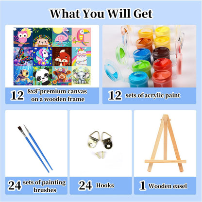 Gemozaic 12 Pack Paint by Numbers Kit for Kids with Frame and Easel, Easy Paint by Numbers Kits for Adults Beginners, Small Painting by Number for Birthday Gift, Painting Party(8X8inch)
