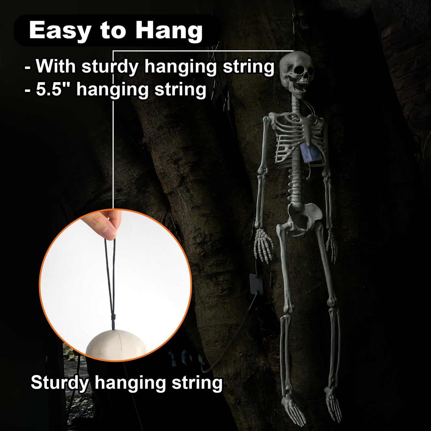 DUNCHATY Halloween Hanging Posable Skeleton - 3FT Prop Skull with LED Glowing Eyes and Creepy Shrilling Sound - Sound Activated Outdoor Halloween Decorations Skeleton Decoration